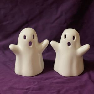 2 Ghost Ceramic cute Halloween Decor tea light votive holder open back White